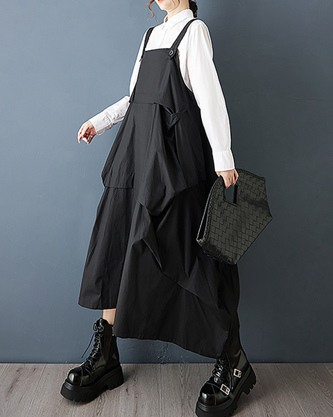 ellazhu Women's Dress Suspender Solid Sleeveless Plus Size A-line Maxi Hem Pockets GZ721 Black