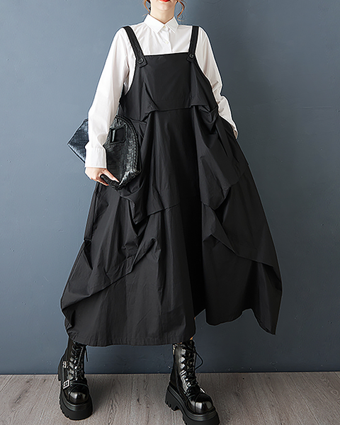 ellazhu Women's Dress Suspender Solid Sleeveless Plus Size A-line Maxi Hem Pockets GZ721 Black