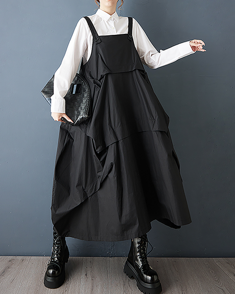 ellazhu Women's Dress Suspender Solid Sleeveless Plus Size A-line Maxi Hem Pockets GZ721 Black