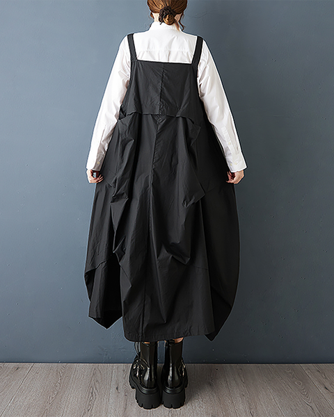 ellazhu Women's Dress Suspender Solid Sleeveless Plus Size A-line Maxi Hem Pockets GZ721 Black