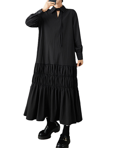 ellazhu Women's Dress Lapel Long Sleeve Solid Plus Size Maxi Hem Side Pockets GZ722 Black