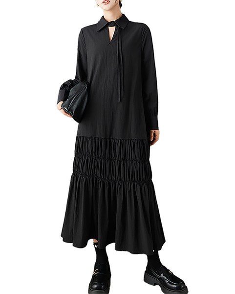 ellazhu Women's Dress Lapel Long Sleeve Solid Plus Size Maxi Hem Side Pockets GZ722 Black