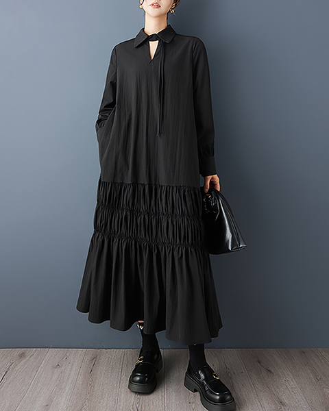 ellazhu Women's Dress Lapel Long Sleeve Solid Plus Size Maxi Hem Side Pockets GZ722 Black