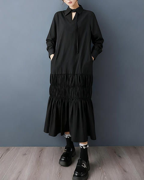 ellazhu Women's Dress Lapel Long Sleeve Solid Plus Size Maxi Hem Side Pockets GZ722 Black