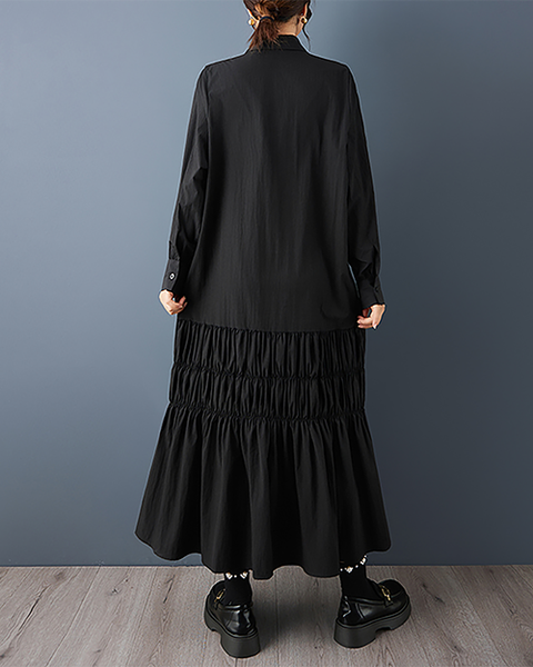 ellazhu Women's Dress Lapel Long Sleeve Solid Plus Size Maxi Hem Side Pockets GZ722 Black