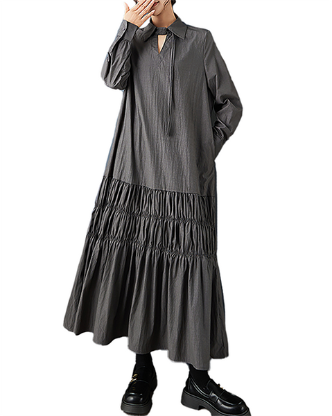 ellazhu Women's Dress Lapel Long Sleeve Solid Plus Size Maxi Hem Side Pockets GZ722 Black