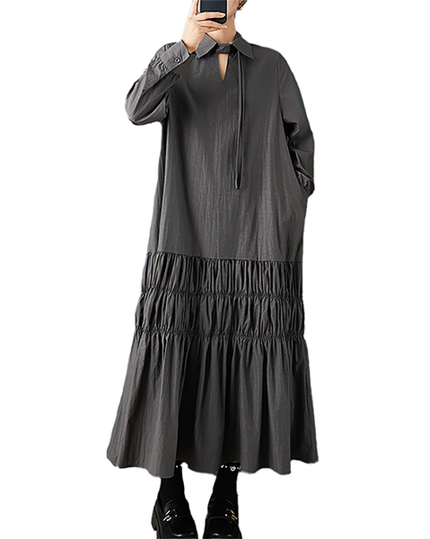 ellazhu Women's Dress Lapel Long Sleeve Solid Plus Size Maxi Hem Side Pockets GZ722 Black