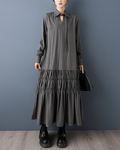 ellazhu Women's Dress Lapel Long Sleeve Solid Plus Size Maxi Hem Side Pockets GZ722 Black