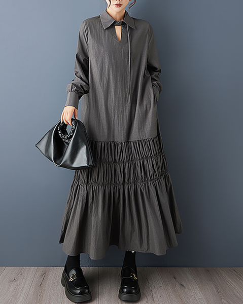 ellazhu Women's Dress Lapel Long Sleeve Solid Plus Size Maxi Hem Side Pockets GZ722 Black