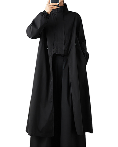 ellazhu Women's Coats Mock Neck Zip Up Drawstring Solid Long Sleeve Side Pockets Maxi Hem GZ723 Black