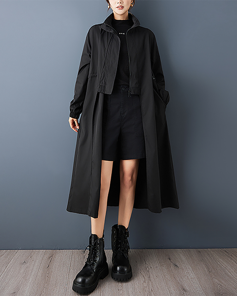 ellazhu Women's Coats Mock Neck Zip Up Drawstring Solid Long Sleeve Side Pockets Maxi Hem GZ723 Black