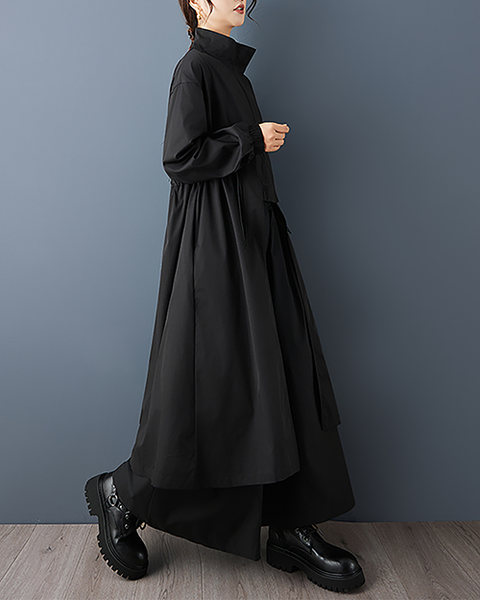 ellazhu Women's Coats Mock Neck Zip Up Drawstring Solid Long Sleeve Side Pockets Maxi Hem GZ723 Black