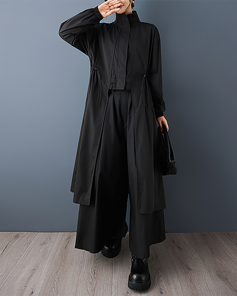 ellazhu Women's Coats Mock Neck Zip Up Drawstring Solid Long Sleeve Side Pockets Maxi Hem GZ723 Black