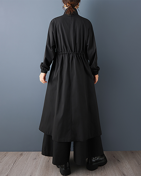 ellazhu Women's Coats Mock Neck Zip Up Drawstring Solid Long Sleeve Side Pockets Maxi Hem GZ723 Black