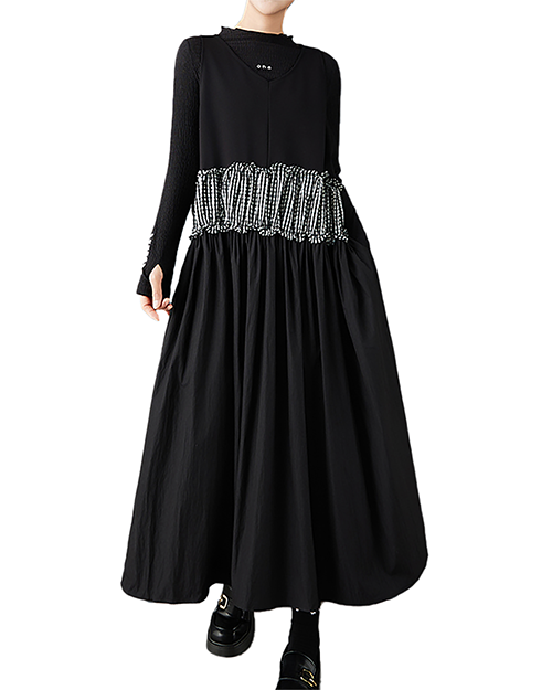 ellazhu Women's Dress Crew Neck Plaid Patchwork Sleeveless Plus Size Maxi Hem Pockets GZ724 A Black