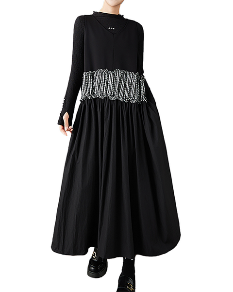 ellazhu Women's Dress Crew Neck Plaid Patchwork Sleeveless Plus Size Maxi Hem Pockets GZ724 A Black