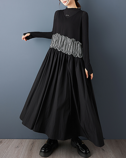 ellazhu Women's Dress Crew Neck Plaid Patchwork Sleeveless Plus Size Maxi Hem Pockets GZ724 A Black