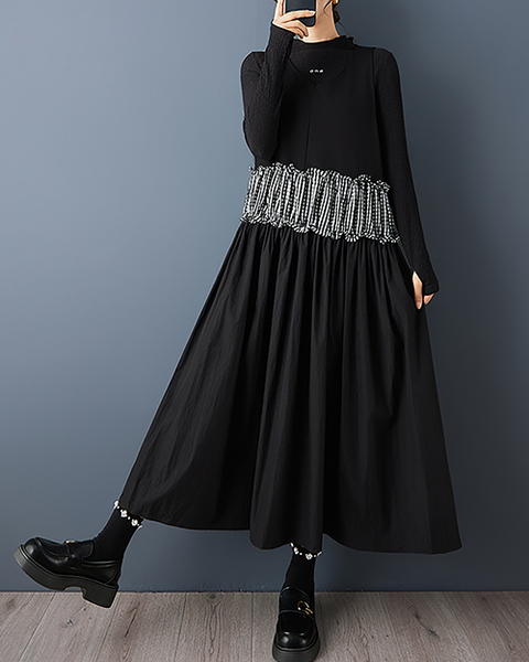 ellazhu Women's Dress Crew Neck Plaid Patchwork Sleeveless Plus Size Maxi Hem Pockets GZ724 A Black