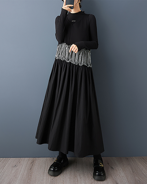 ellazhu Women's Dress Crew Neck Plaid Patchwork Sleeveless Plus Size Maxi Hem Pockets GZ724 A Black