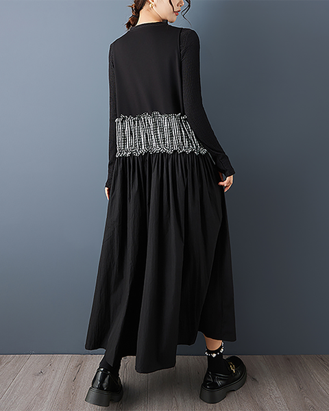 ellazhu Women's Dress Crew Neck Plaid Patchwork Sleeveless Plus Size Maxi Hem Pockets GZ724 A Black