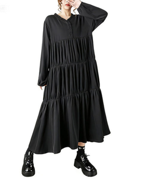 ellazhu Women's Casual Black Long Sleeve Tiered Maxi Dress - Ruffled V-Neck Flowy Oversized Loose Fit Dress GZ793