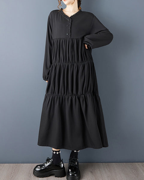 ellazhu Women's Casual Black Long Sleeve Tiered Maxi Dress - Ruffled V-Neck Flowy Oversized Loose Fit Dress GZ793