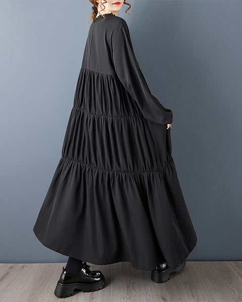 ellazhu Women's Casual Black Long Sleeve Tiered Maxi Dress - Ruffled V-Neck Flowy Oversized Loose Fit Dress GZ793