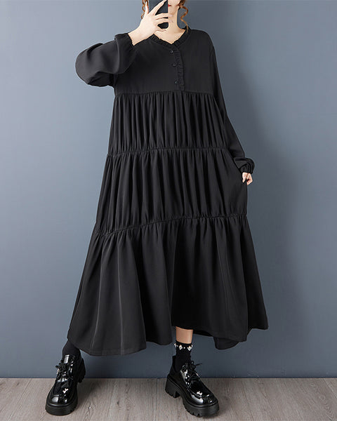 ellazhu Women's Casual Black Long Sleeve Tiered Maxi Dress - Ruffled V-Neck Flowy Oversized Loose Fit Dress GZ793