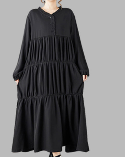 ellazhu Women's Casual Black Long Sleeve Tiered Maxi Dress - Ruffled V-Neck Flowy Oversized Loose Fit Dress GZ793
