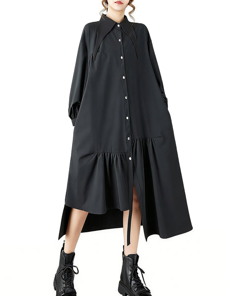 ellazhu Women's Oversized Lapel neck Black Shirt Dress Long Sleeve Button Down Ruffle Asymmetrical Hem Midi Dress with Pockets GZ794