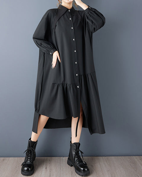 ellazhu Women's Oversized Lapel neck Black Shirt Dress Long Sleeve Button Down Ruffle Asymmetrical Hem Midi Dress with Pockets GZ794