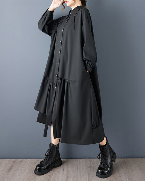 ellazhu Women's Oversized Lapel neck Black Shirt Dress Long Sleeve Button Down Ruffle Asymmetrical Hem Midi Dress with Pockets GZ794