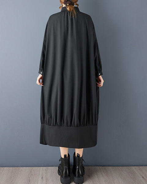 ellazhu Women's Oversized Lapel neck Black Shirt Dress Long Sleeve Button Down Ruffle Asymmetrical Hem Midi Dress with Pockets GZ794