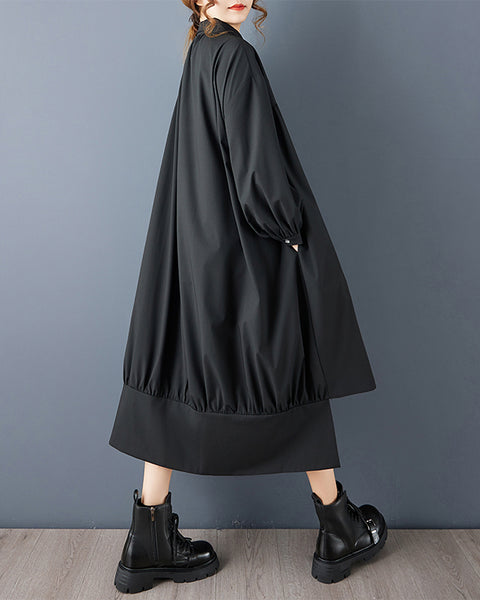 ellazhu Women's Oversized Lapel neck Black Shirt Dress Long Sleeve Button Down Ruffle Asymmetrical Hem Midi Dress with Pockets GZ794