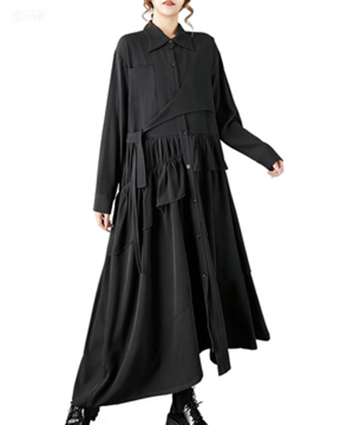 ellazhu Women's Oversized High Low Maxi Shirt Dress Lapel Neck Button Down Asymmetrical Ruffle Dress With Belt Black Long Sleeve GZ795