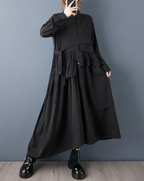 ellazhu Women's Oversized High Low Maxi Shirt Dress Lapel Neck Button Down Asymmetrical Ruffle Dress With Belt Black Long Sleeve GZ795