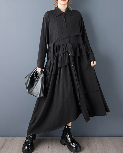 ellazhu Women's Oversized High Low Maxi Shirt Dress Lapel Neck Button Down Asymmetrical Ruffle Dress With Belt Black Long Sleeve GZ795