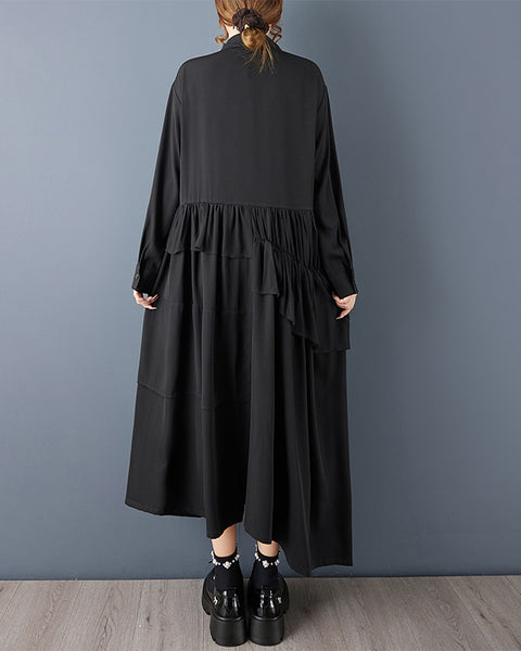 ellazhu Women's Oversized High Low Maxi Shirt Dress Lapel Neck Button Down Asymmetrical Ruffle Dress With Belt Black Long Sleeve GZ795