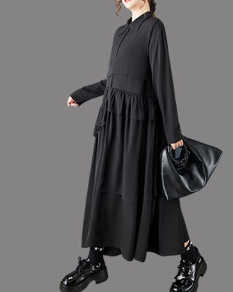 ellazhu Women's Oversized High Low Maxi Shirt Dress Lapel Neck Button Down Asymmetrical Ruffle Dress With Belt Black Long Sleeve GZ795