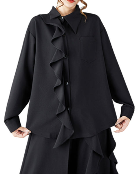 ellazhu Women's Oversized Black Ruffle Trim Button Down Shirt Spread Collar Blouse with Pocket, Loose Fit Long Sleeve GZ799