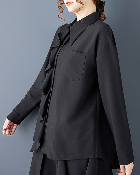 ellazhu Women's Oversized Black Ruffle Trim Button Down Shirt Spread Collar Blouse with Pocket, Loose Fit Long Sleeve GZ799