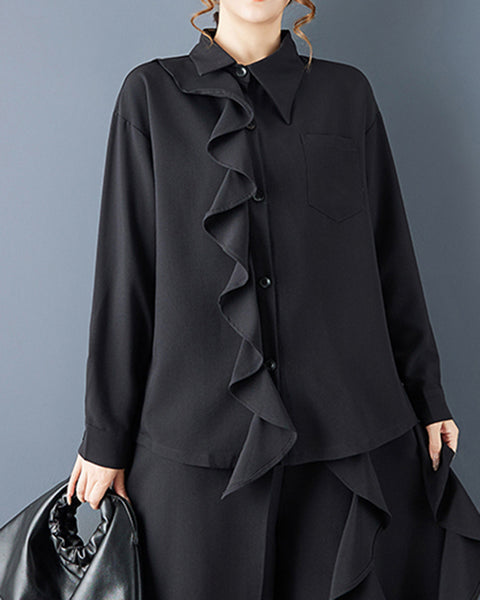 ellazhu Women's Oversized Black Ruffle Trim Button Down Shirt Spread Collar Blouse with Pocket, Loose Fit Long Sleeve GZ799
