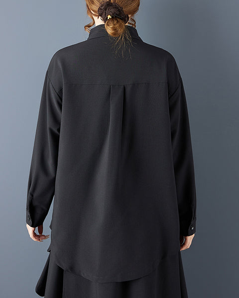 ellazhu Women's Oversized Black Ruffle Trim Button Down Shirt Spread Collar Blouse with Pocket, Loose Fit Long Sleeve GZ799