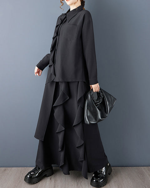 ellazhu Women's Oversized Black Ruffle Trim Button Down Shirt Spread Collar Blouse with Pocket, Loose Fit Long Sleeve GZ799
