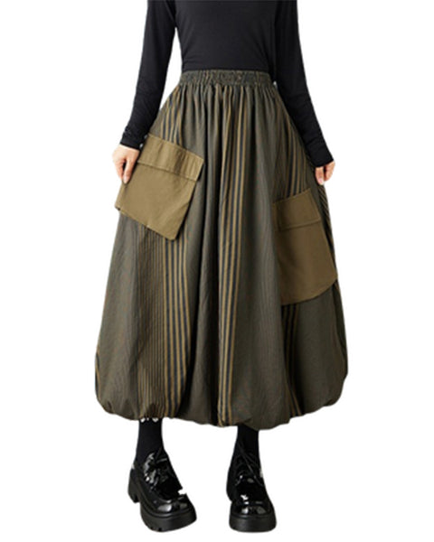 ellazhu Women's Striped Bubble Skirt Elastic Waist Maxi Skirt with Large Patch Pockets Contrast panels Loose Fit GZ800