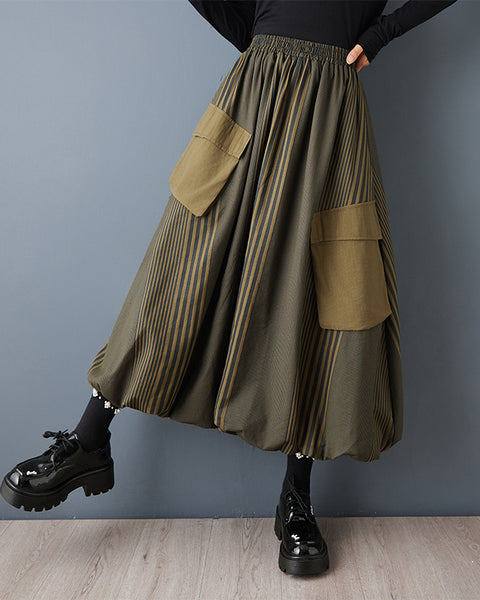 ellazhu Women's Striped Bubble Skirt Elastic Waist Maxi Skirt with Large Patch Pockets Contrast panels Loose Fit GZ800