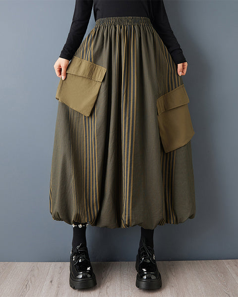 ellazhu Women's Striped Bubble Skirt Elastic Waist Maxi Skirt with Large Patch Pockets Contrast panels Loose Fit GZ800