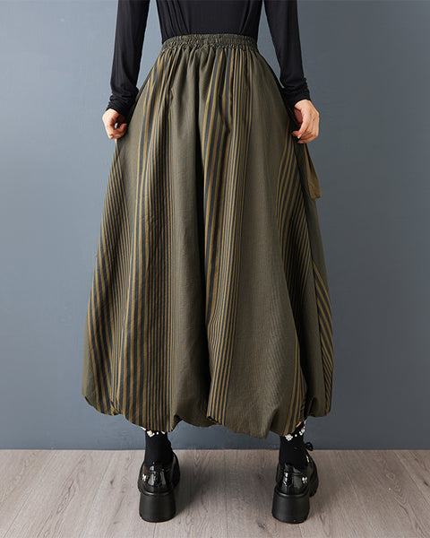 ellazhu Women's Striped Bubble Skirt Elastic Waist Maxi Skirt with Large Patch Pockets Contrast panels Loose Fit GZ800
