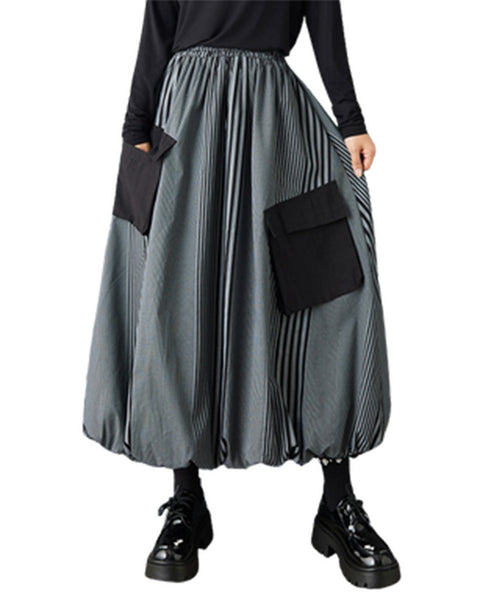ellazhu Women's Striped Bubble Skirt Elastic Waist Maxi Skirt with Large Patch Pockets Contrast panels Loose Fit GZ800