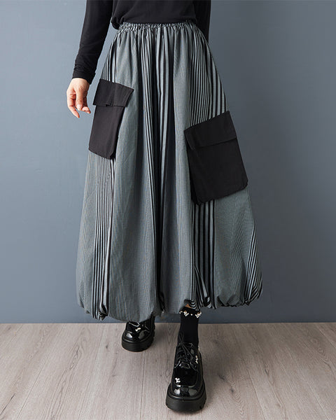 ellazhu Women's Striped Bubble Skirt Elastic Waist Maxi Skirt with Large Patch Pockets Contrast panels Loose Fit GZ800